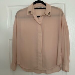 Zara flowy long-sleeve blouse featuring rhinestone-embellished collar details.